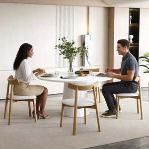 English Elm Retractable Rock Slab Dining Set with Leather Wrapped Base for Compact Apartments White W2700S00127