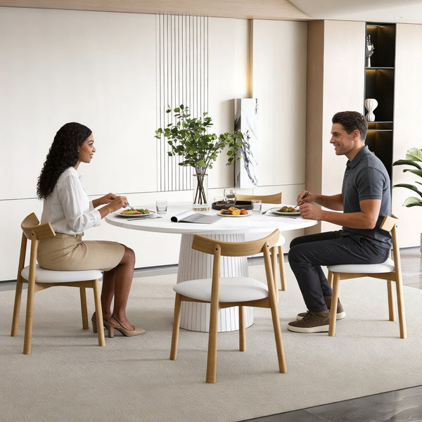 English Elm Retractable Rock Slab Dining Set with Leather Wrapped Base for Compact Apartments White W2700S00127