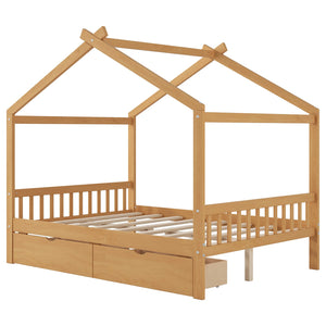 English Elm Full House Platform Bed with Roof Design and Two Drawers, Pine/MDF Durable Frame, Kid-Friendly Cozy Finish Natural WF292923AAD