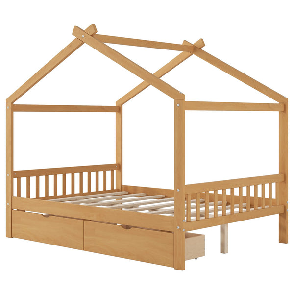 English Elm Full House Platform Bed with Roof Design and Two Drawers, Pine/MDF Durable Frame, Kid-Friendly Cozy Finish Natural WF292923AAD