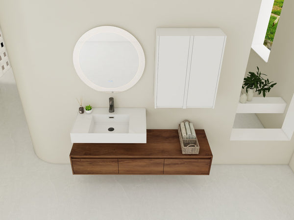 English Elm 60-Inch Wall-Mounted Vanity With Molded Resin Sink, 2 Side Cabinets & 3 Soft-Close Drawers For Storage W999S00285