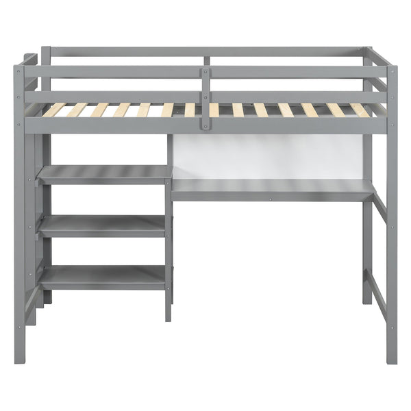 English Elm Twin Loft Bed with Built-in Desk Shelving and Dry-erase Board for Kids Rooms Gray LT100320AAE
