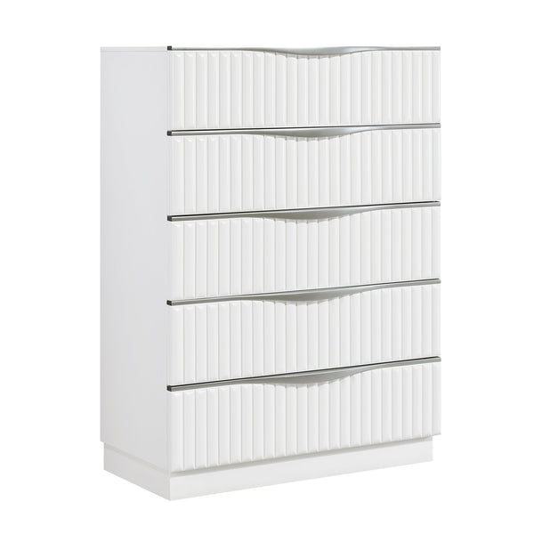 English Elm Luxurious Pearl White Five Drawer Tall Chest with Textured Fronts for Glam Bedrooms B011P455646