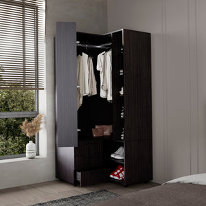 English Elm Wenge Armoire Wardrobe with Open Storage, 7 Shelves & 3 Drawers for Organized, Spacious Living B062S01284