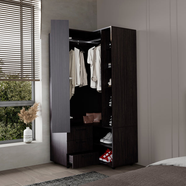 English Elm Wenge Armoire Wardrobe with Open Storage, 7 Shelves & 3 Drawers for Organized, Spacious Living B062S01284