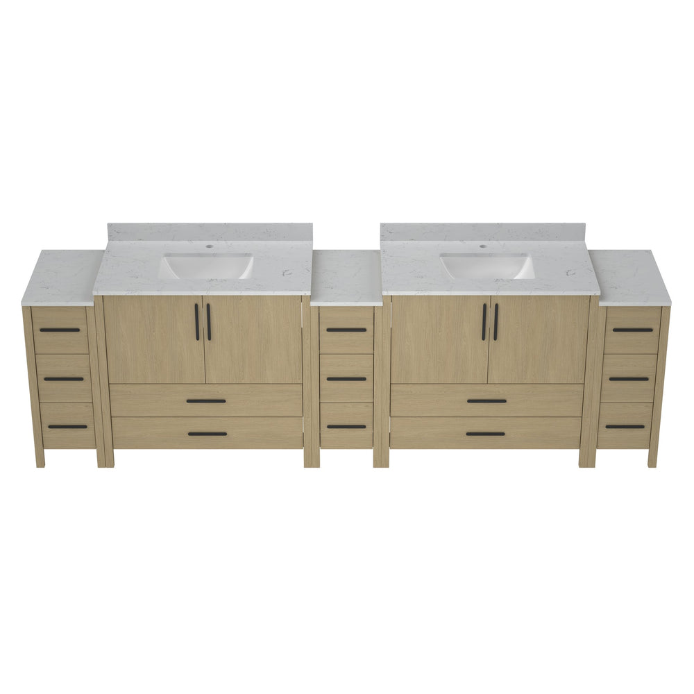 English Elm 108"w×22"d×34"h Freestanding Double Sink Vanity with White Countertop Soft Close T3785S00009