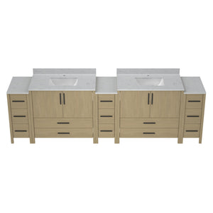 English Elm 108"w×22"d×34"h Freestanding Double Sink Vanity with White Countertop Soft Close T3785S00009