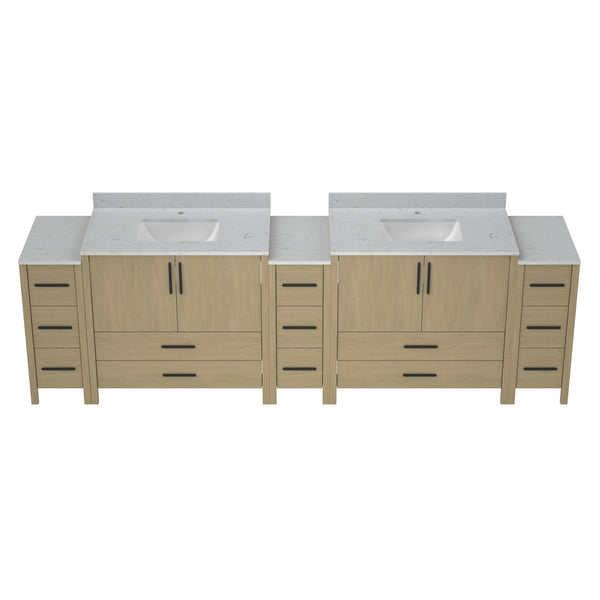 English Elm 108"w×22"d×34"h Freestanding Double Sink Vanity with White Countertop Soft Close T3785S00009