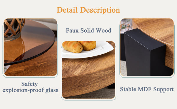 English Elm Modern Double-Layer Round Coffee Table with Tinted Glass Top, Detachable L-Shaped Legs, Versatile Stylish Centerpiece Black,Wood 30.71 L x 29.53 W x 12.99 H W1512P401778