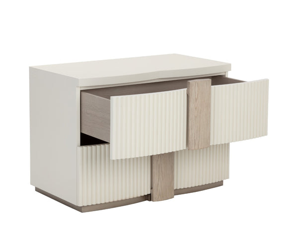 Sunpan VENETTA Nightstand - Cream Base with Reeded Drawers & Light Oak Top for Timeless Bedroom Elegance 110664