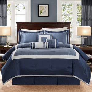English Elm 7 Piece Comforter Set - Elegant Navy Cal King Bedding With Decorative Pillows & Bedskirt Included B03596972