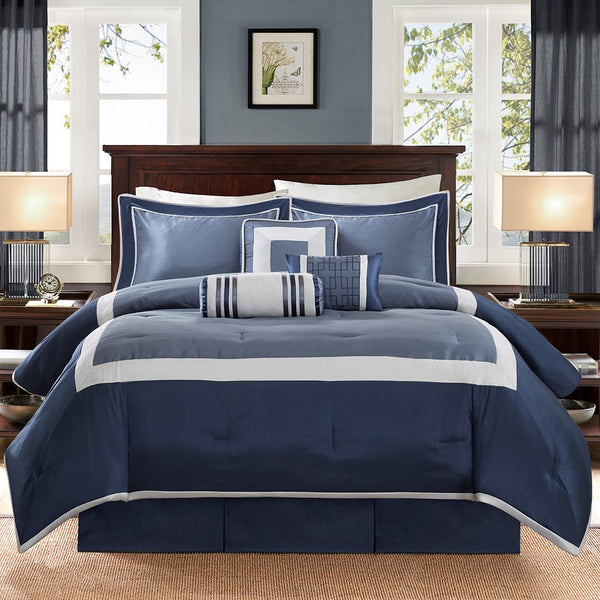 English Elm 7 Piece Comforter Set - Elegant Navy Cal King Bedding With Decorative Pillows & Bedskirt Included B03596972