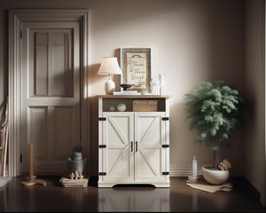 English Elm 6-Tier Shoe Storage Cabinet Farmhouse White+Oak with Adjustable Shelves, 2-Tier Open Tray & Anti-Tip Safety W3151P264510