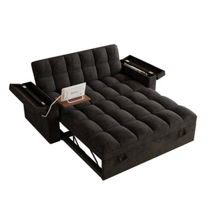 English Elm 65-inch Velvet Convertible Sleeper Sofa with Usb Port Storage Armrests Adjustable Back Black W2564S00114