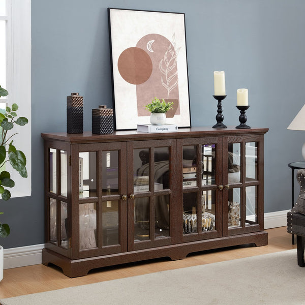 English Elm Led Curio Display Cabinet - Antique Cherry 4-Door Showcase With Adjustable Shelves & Colorful Lighting W2275P231691