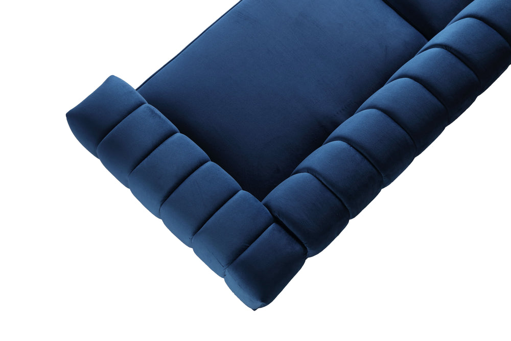 English Elm FX-P81-BK2 Modern Chesterfield Sofa Velvet Upholstery with Gold Metal Legs and Channel Tufting Elegance Blue W576S00088