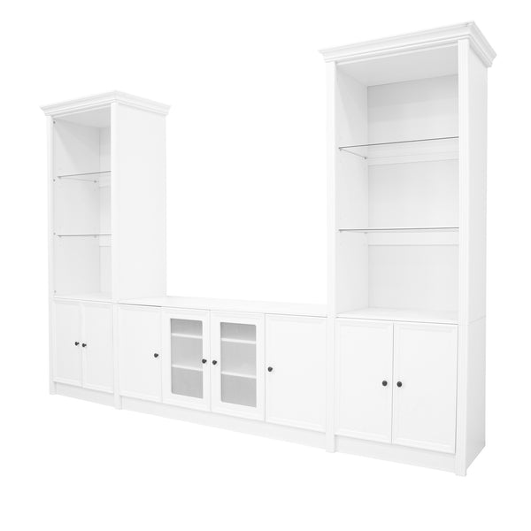 English Elm U-can Three Piece Wall Unit Built-in Media Center with Crown Molding and Tempered Glass Storage White SJ000156AAK
