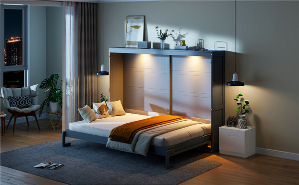 English Elm Queen Murphy Wall Bed with Led Lighting Modern Cabinet Folds Flat for Studio Living Gray LP100973AAE