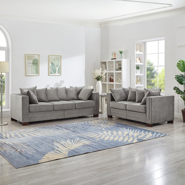 English Elm Modern Velvet Sofa Set 2+3 Seater With Square Armrests & Silver Nailhead Trim For Stylish Comfort W1097S00191