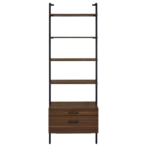 English Elm Wendell Rustic Walnut 4-Shelf Wall Bookcase with Drawer — Space-Saving Engineered Wood Storage, 96" high B062P375508