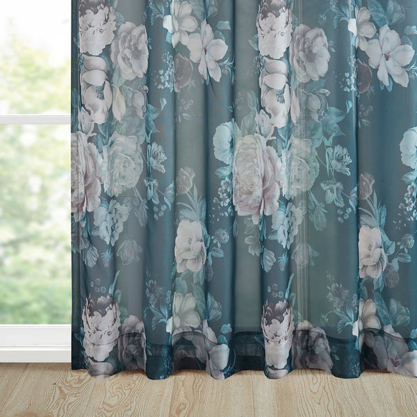 JLA Home Madison Park - Printed Voile Sheer Curtain Panel in Blush Floral on Navy — Lightweight, OEKO-TEX, Rod Pocket/Back Tab MP40-6623