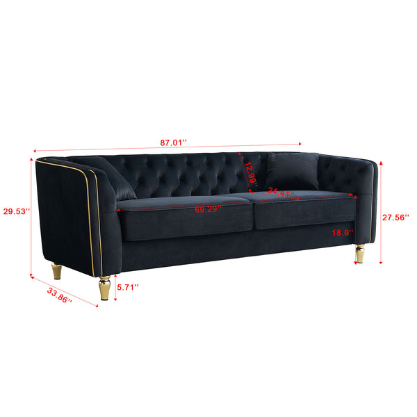 English Elm 87.01"W Modern Tufted Velvet Sofa with Gold Metal Legs, Stylish Accent Seating for Living Room Black W579S00040