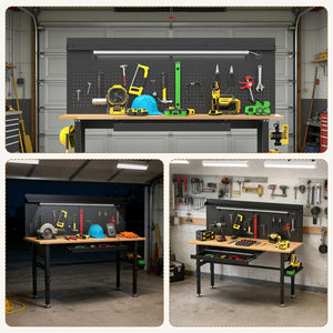 English Elm 60″ 60" Heavy Duty Garage Workbench Solid Wood Top Steel Frame with Led Light and Power Strip W3190P401362