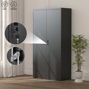 English Elm Black Steel Lockable Wardrobe with Hanging Rod Adjustable Shelves for Organized Storage Black W1247P372607