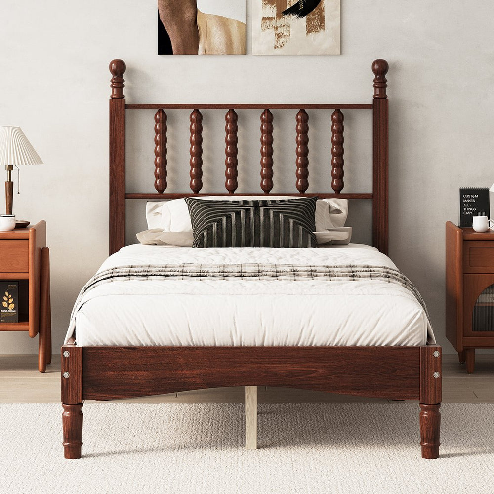 English Elm Twin Rubberwood Platform Bed Gourd Headboard Retro Bohemian Bedroom Slat Base Walnut N733P427029D