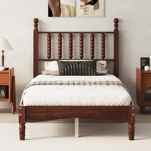 English Elm Twin Rubberwood Platform Bed Gourd Headboard Retro Bohemian Bedroom Slat Base Walnut N733P427029D