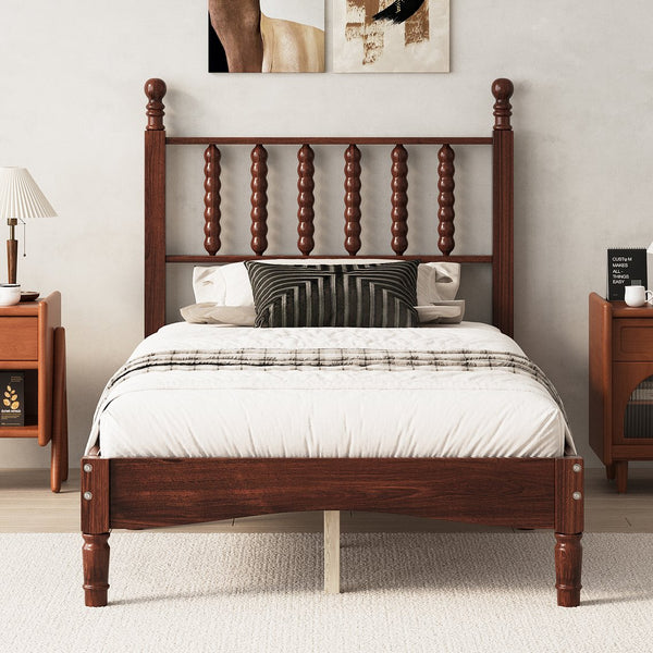 English Elm Twin Rubberwood Platform Bed Gourd Headboard Retro Bohemian Bedroom Slat Base Walnut N733P427029D