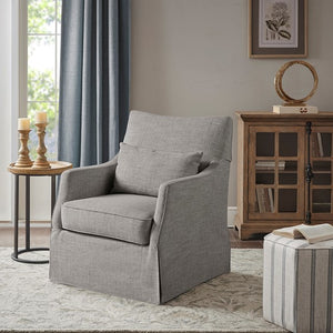 English Elm Skirted Martha Stewart Bedford Swivel Chair in Gray Polyester — 360° Comfort, 7" Foam Cushion, No Assembly B035P148424