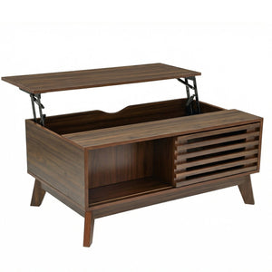 English Elm Lift Top Coffee Table Walnut Finish Mid Century Hidden Storage Slatted Cabinet W3204P465920