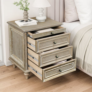 English Elm Farmhouse Nightstand Pine Wood Four Drawer Storage with Pull Out Tray Gourd Legs Natural+White W1716P399643