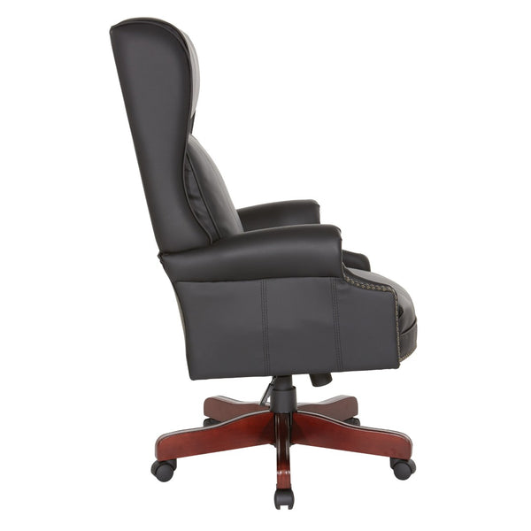 OSP Home Furnishings Executive Wingback Office Chair with Lumbar Support Brass Nail Trim and Cherry Wood Base TEX280-3