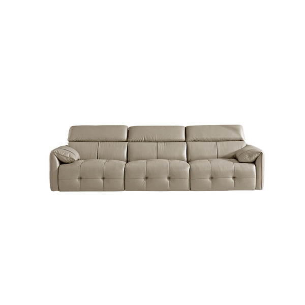 English Elm Genuine Top-grain Leather Three-seat Sofa with Reclining Backrests and Center Storage Beige White W1765S00132