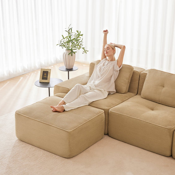 English Elm Modern Corduroy Sectional Sofa Deep Seat V Shape Tufted Couch with Movable Ottoman Camel W714S01588