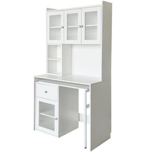 English Elm Computer Desk with Glass Doors, Hutch & Drawer Storage, Rotating 90° Desktop and Spacious Work Surface White W331S00194