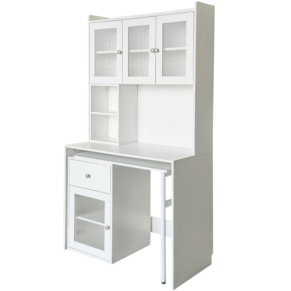 English Elm Computer Desk with Glass Doors, Hutch & Drawer Storage, Rotating 90° Desktop and Spacious Work Surface White W331S00194
