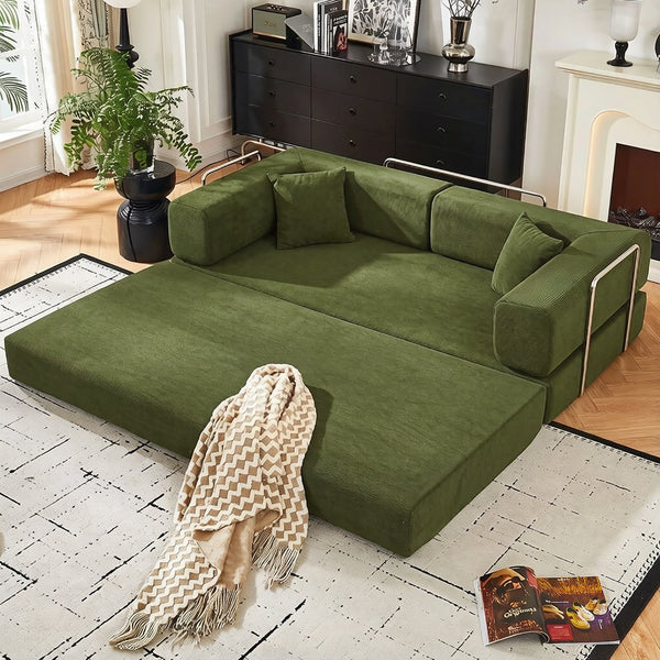 English Elm Convertible Corduroy Floor Sofa with Folding Sleeper and Bolster Pillow for Apartments Green W5638P460475