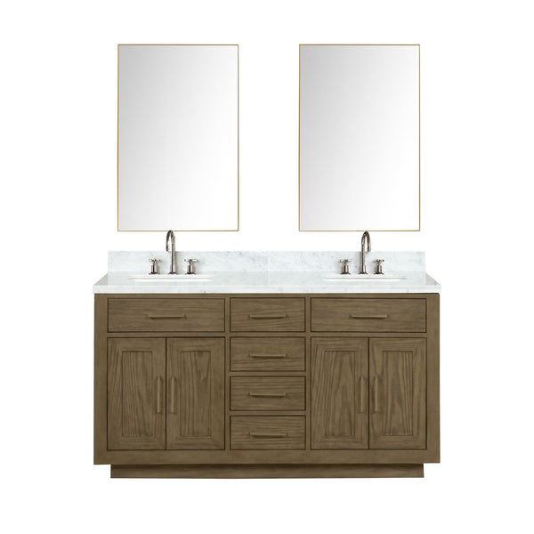 English Elm Grey Oak Double Bath Vanity Set With Carrara Marble Top, Chrome Faucets & 28" Mirrors For Easy Upgrade B2731S01796