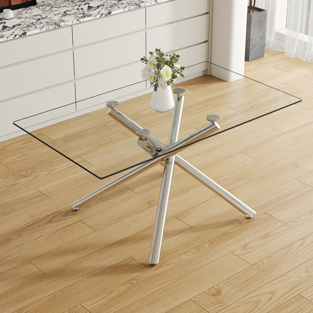 English Elm Large Modern Minimalist Rectangular Glass Dining Table With Chrome Legs - Elegant & Versatile Design W1151S03734