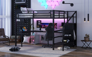 English Elm Queen Size Loft Bed With Integrated L-Shaped Desk, Usb Ports, Wardrobe, Led Lighting, Black Finish W1580S00106-GIGA