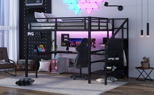 English Elm Twin Xl Metal Loft Bed with Stair Storage Shelves Sturdy Steel Frame for Dorms W1580S00545