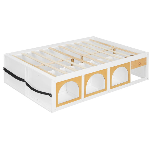 English Elm Full Size Kids Platform Bed with Led Lighting Bookshelf Display Cabinet and Storage Drawer White+Natural N820S00077K