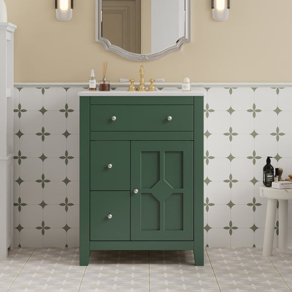 English Elm 24" Modern Bathroom Vanity with Ceramic Basin, French Country Cross-Grid Design & Soft-Close Drawers Green N710P280655F