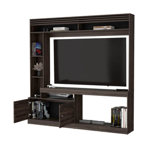 English Elm Stained Walnut Entertainment Center with Six Shelves, Two-Door Cabinet & Open Storage for Style and Organization B062S00602