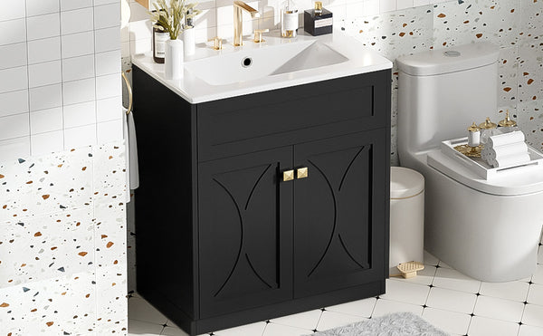 English Elm 30'' Modern Bathroom Vanity With Ceramic Sink, Soft-Close Doors, Gold Handles & Ample Storage Space N710P194898B