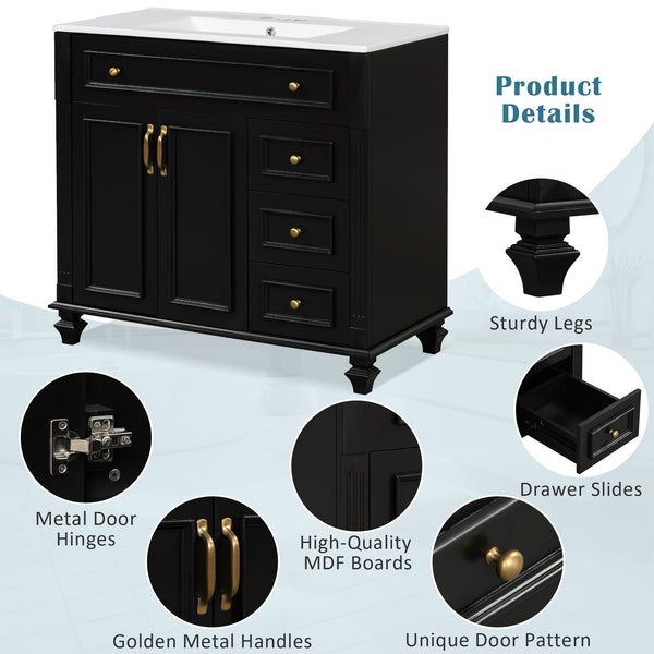 English Elm 36" Modern Bathroom Vanity with Ceramic Sink, Gold Handles, Flip-Out Drawer & Soft-Close Doors Black N725P283623B