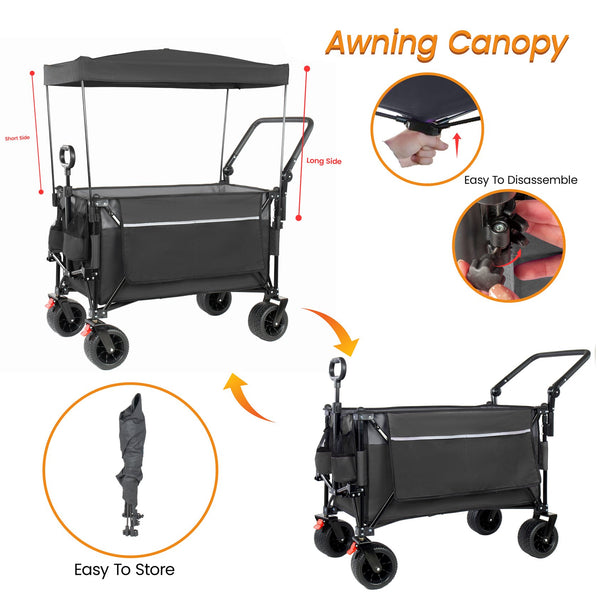 English Elm Multi-functional Heavy Duty Folding Wagon with Canopy Steel Frame All Terrain Wheels Black+ Gray W2932P417662